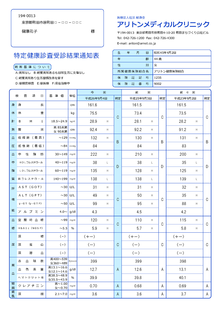 健診システム｜健診結果表イメージ